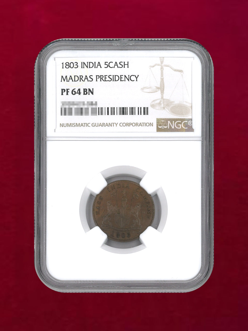 【イギリス領インド・マドラス保護領】5CASH 銅貨 MADRAS PRESIDENCY NGC PF 64 BN［C-0000140］