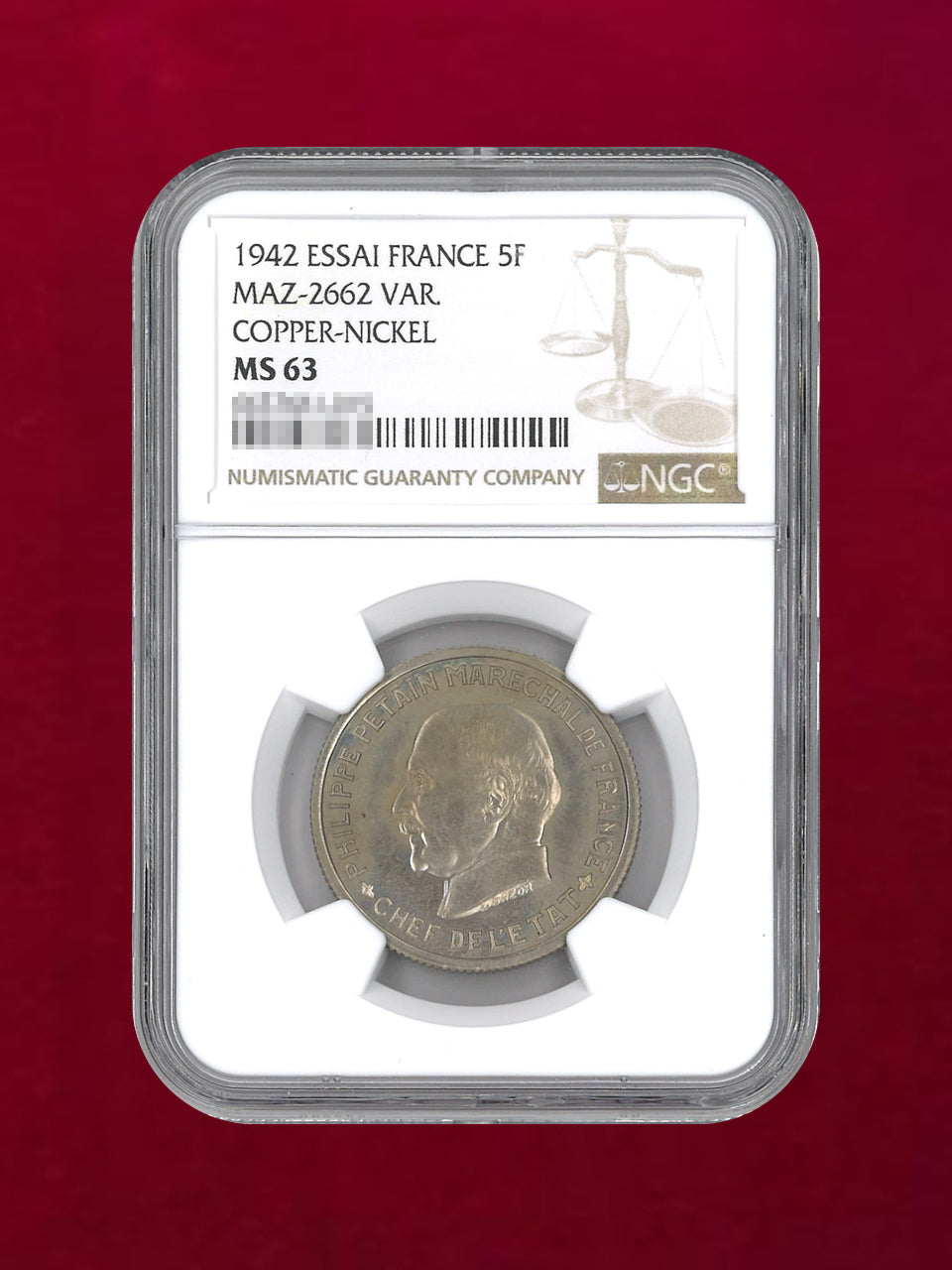 【フランス】5フラン 銅ニッケル貨 ESSAI 1942 NGC MS 63［C-0000142］