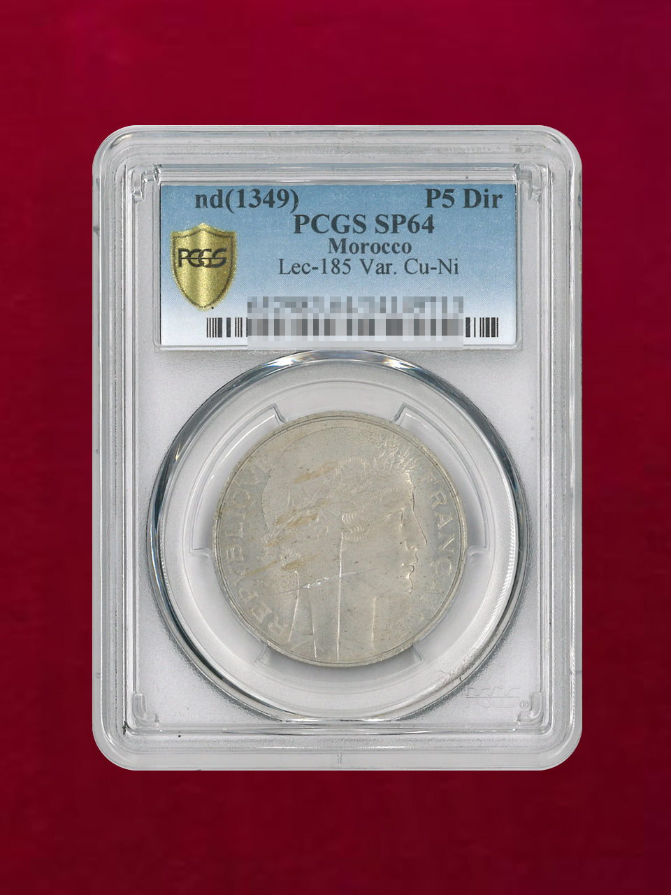 【モロッコ】5ディルハム 銅ニッケル貨 1349(1930) PCGS SP64［C-0000144］