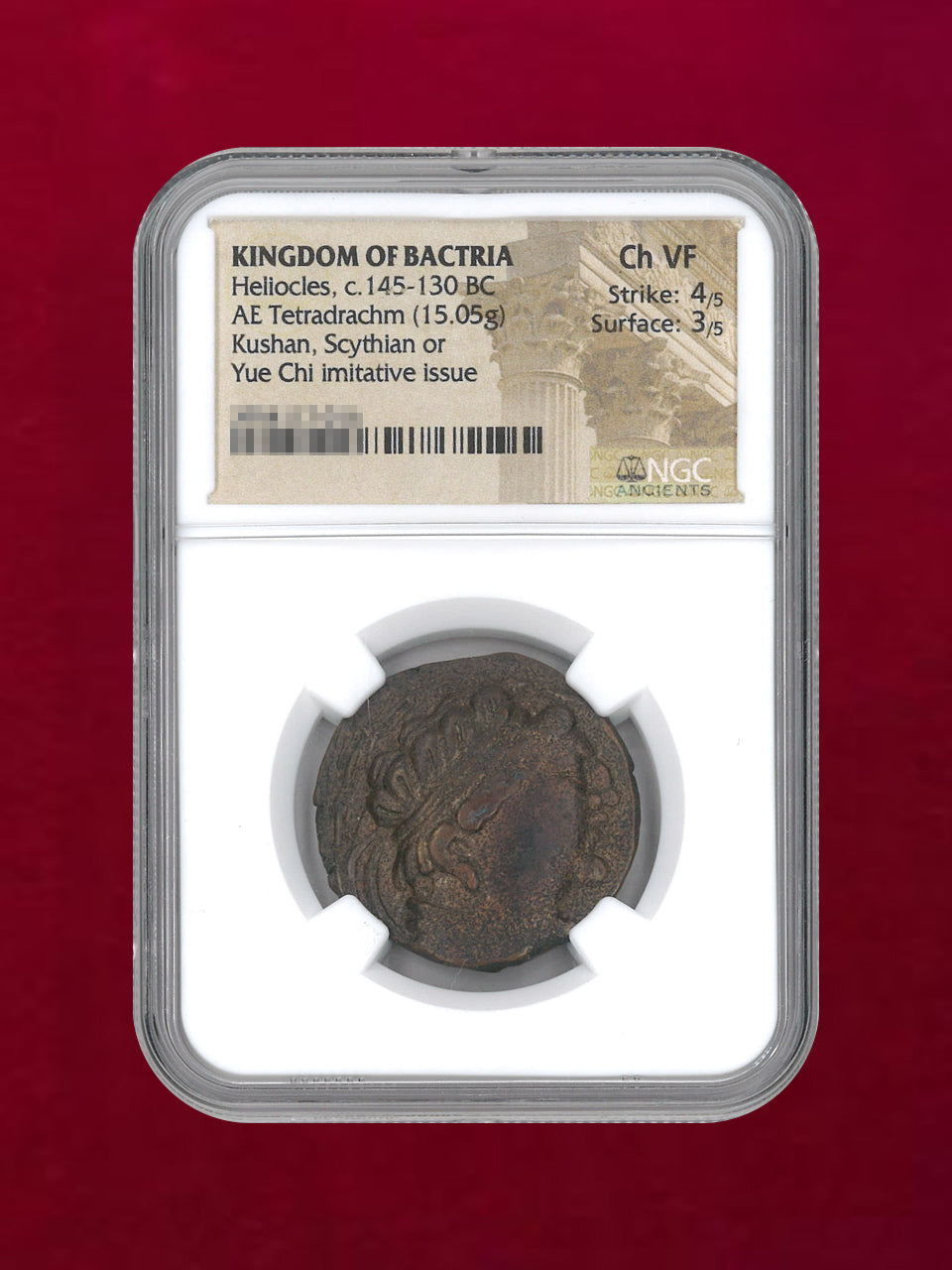 【バクトリア王国】Heliocles, c.145-130BC AE Tetradrachm(15.05g) NGC Ch VF 4/5 3/5［C-0000145］