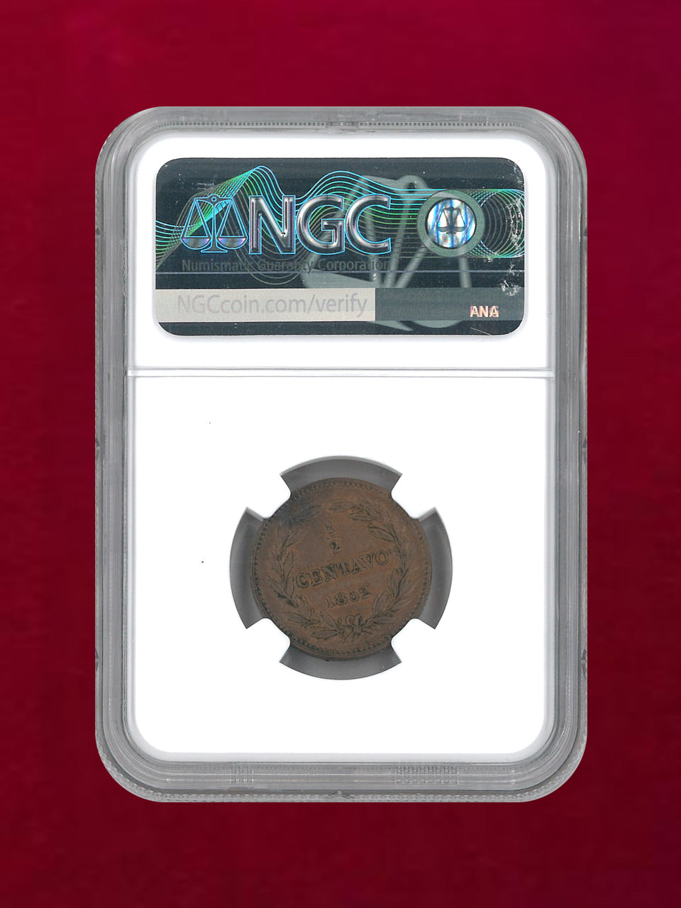ベネズエラ】1/2センターボ 銅貨 23 BERRIES 1852 NGC AU 53 BN［C