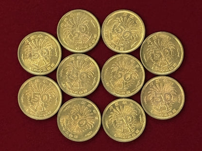 【日本】大型50銭 黄銅貨 10枚組 昭和21(1946)［C-0000750］