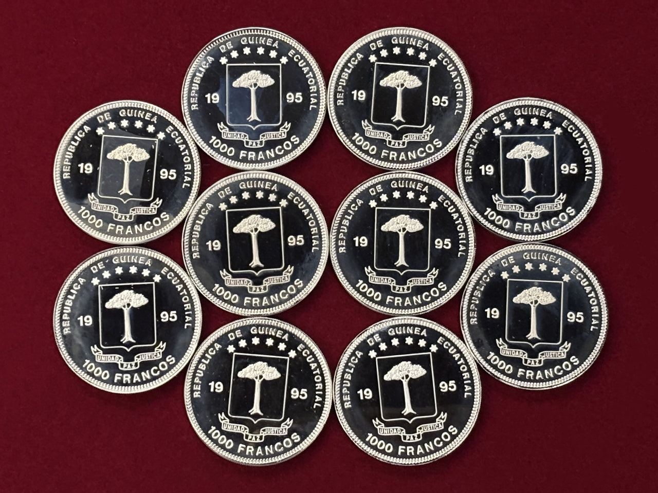 Equatorial Guinea: Basel Taube Stamp 150th Anniversary 1000 Franc Nickel Brass Coin, Set of 10, 1995 [C-0000803]