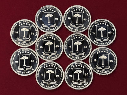 Equatorial Guinea: Basel Taube Stamp 150th Anniversary 1000 Franc Nickel Brass Coin, Set of 10, 1995 [C-0000803]