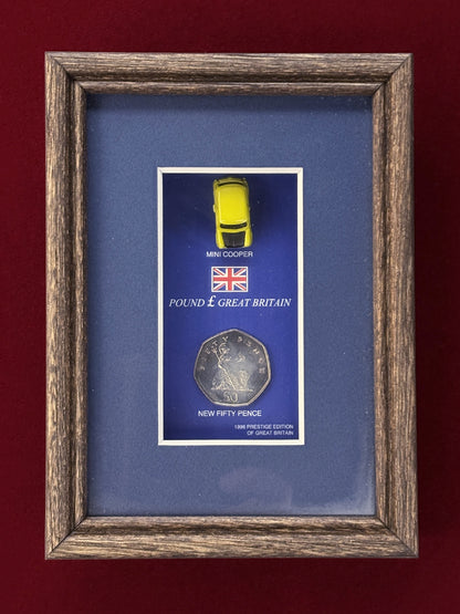 [UK] 50 pence cupronickel coin with Mini Cooper frame and stand set, 1998 [C-0000836]