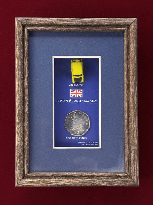 【イギリス】50ペンス 白銅貨 ミニクーパー付きフレームスタンドセット 1998［C-0000836］