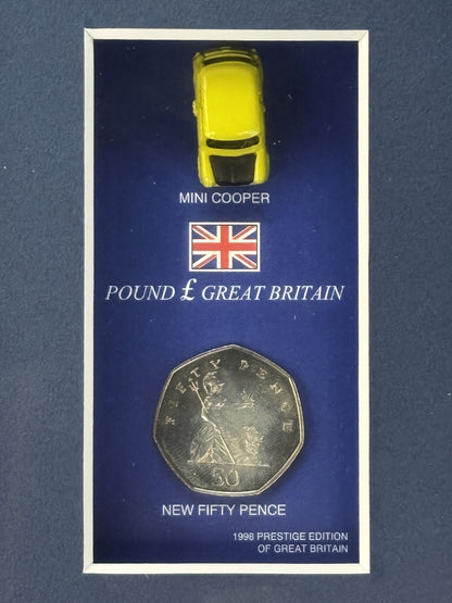 [UK] 50 pence cupronickel coin with Mini Cooper frame and stand set, 1998 [C-0000836]