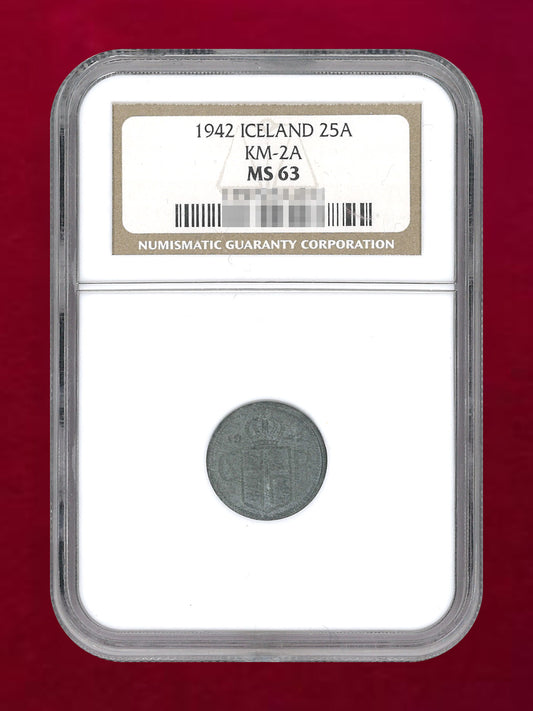 【アイスランド】25エイリル 亜鉛貨 1942 NGC MS 63［C-0000899］