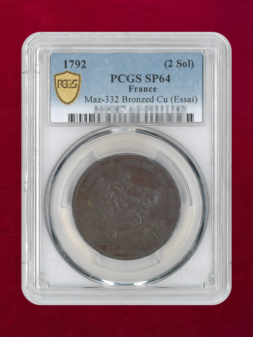【フランス】2ソル 青銅貨 Essai 1792 PCGS SP64［C-0000942］