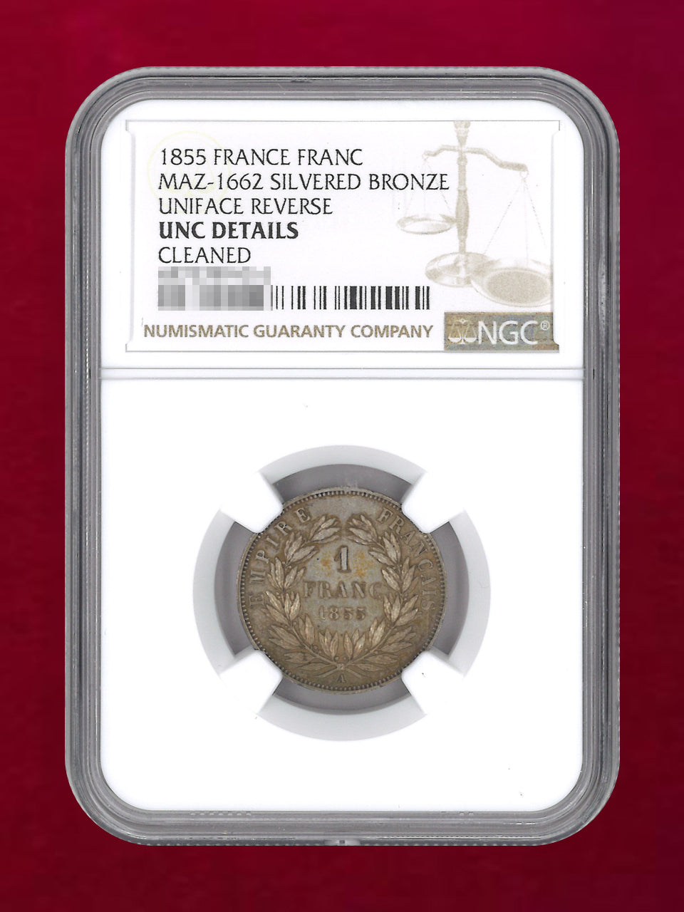 【フランス】1フラン 試作貨 SILVERED BRONZE 1855 NGC UNC DETAILS CLEANED［C-0000943］