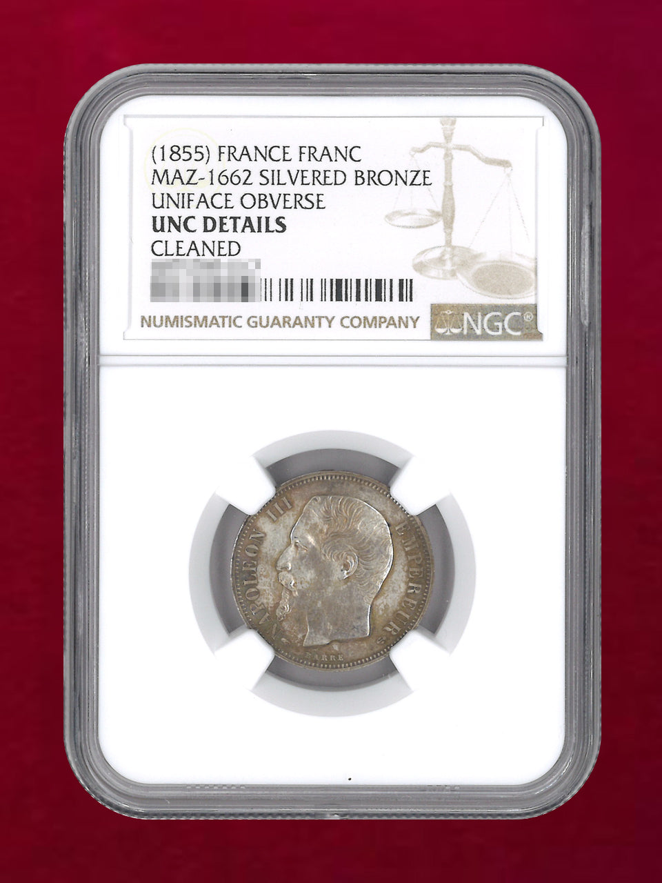フランス】1フラン 試作貨 SILVERED BRONZE 1855 NGC UNC DETAILS