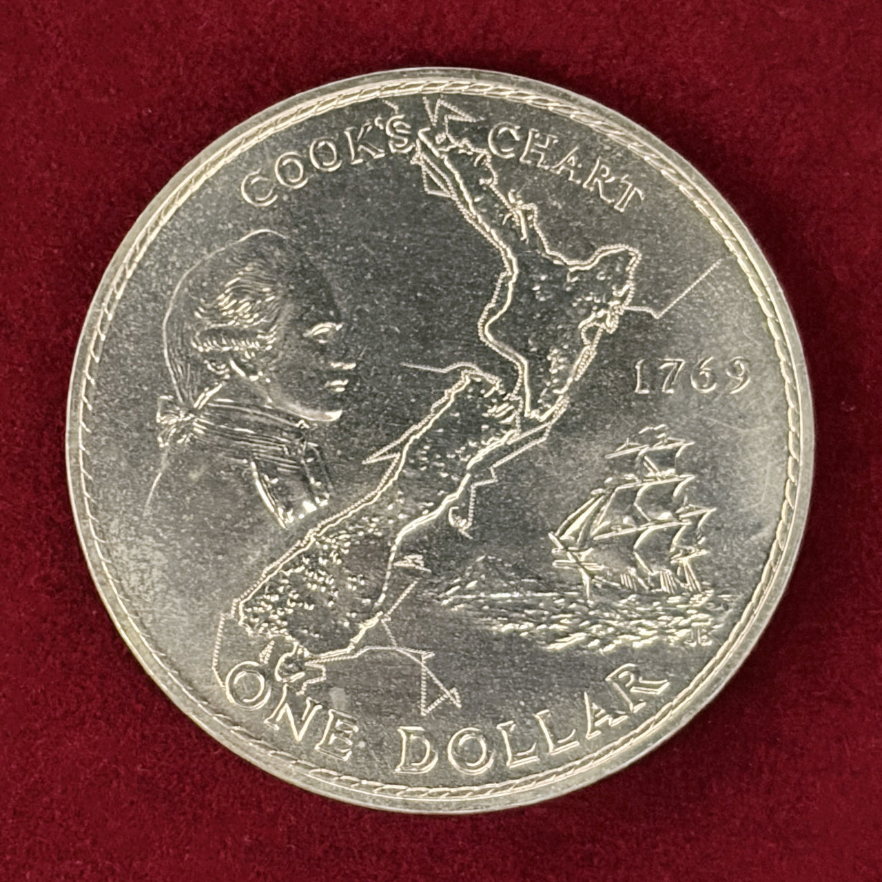 【ニュージーランド】ジェームズ・クック航海200周年記念 1ドル 白銅貨 1969［C-0001024］