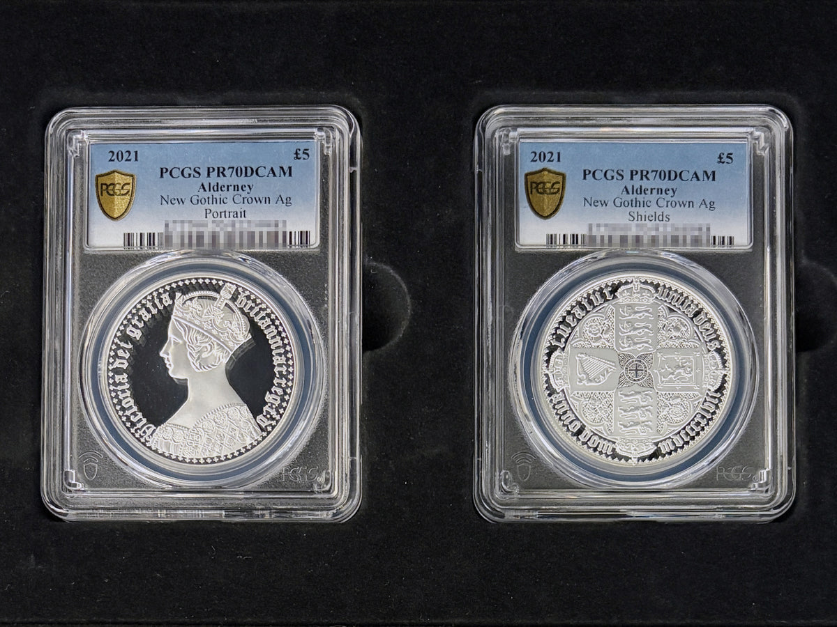 【オルダニー島】ゴシッククラウン誕生175周年記念 コインセット プルーフ銀貨 2枚組 2021 PCGS PR70 DCAM［C-0001137］