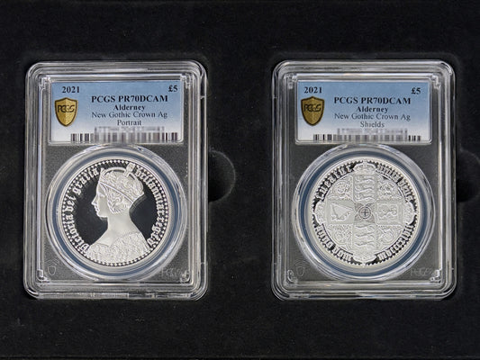 【オルダニー島】ゴシッククラウン誕生175周年記念 コインセット プルーフ銀貨 2枚組 2021 PCGS PR70 DCAM［C-0001137］