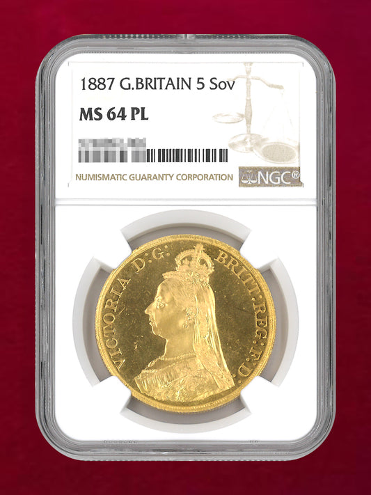 【イギリス】ヴィクトリア女王在位50周年記念 5ソブリン 金貨 1887 NGC MS 64 PL［F-0000016］