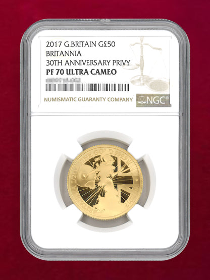 【イギリス】ブリタニア金貨30周年記念 プルーフ金貨 6枚セット 2017 NGCスラブ入り［F-0000020］