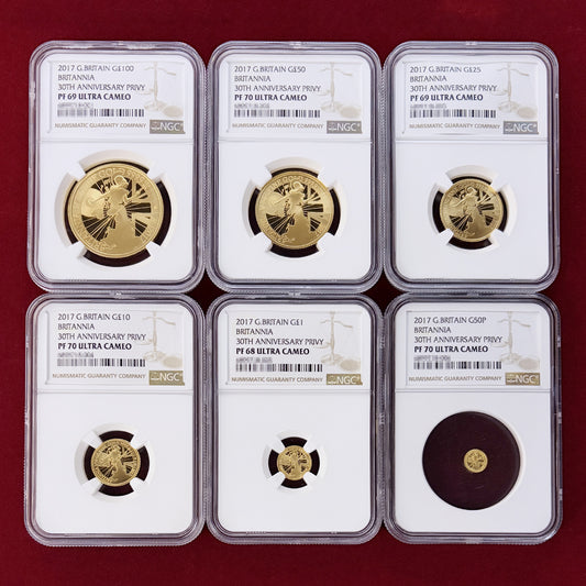 【イギリス】ブリタニア金貨30周年記念 プルーフ金貨 6枚セット 2017 NGCスラブ入り［F-0000020］