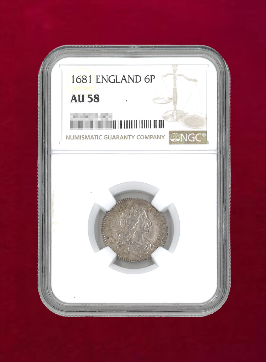 【イギリス】6ペンス銀貨　1681　NGC AU58